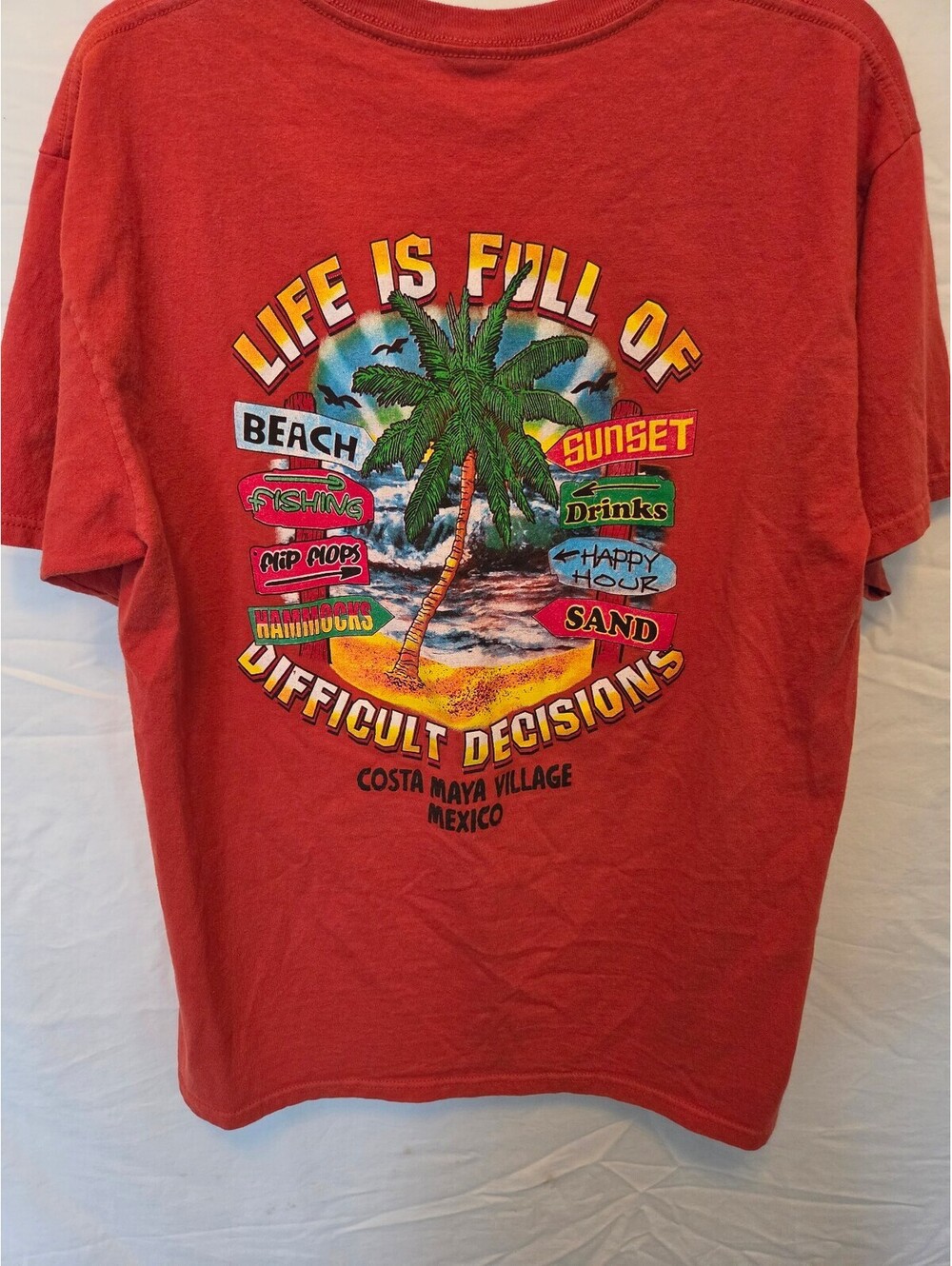Yazbek Men's Large Red Cotton T-Shirt Costa Maya Village Mexico Palm Tree Print